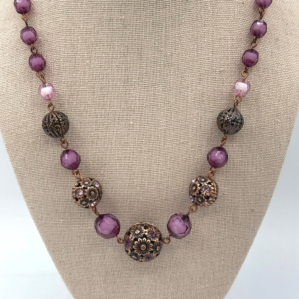 1928 Jewelry Beaded Necklace Purple Filigree Rhinestone Floral Victorian Regency